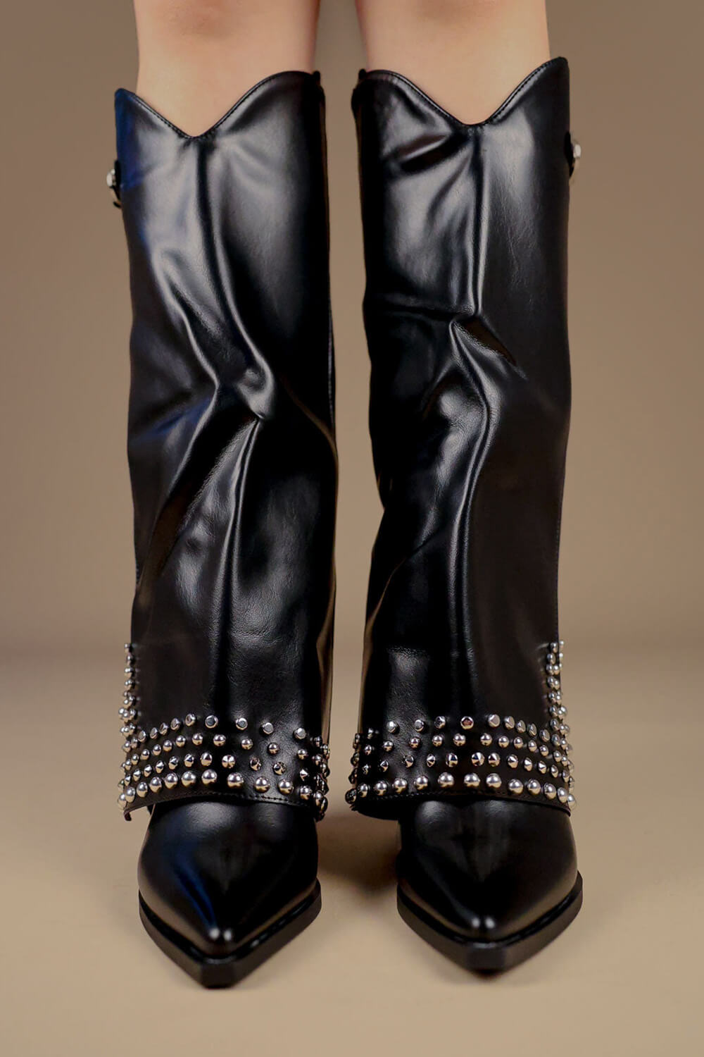 Faux Leather Studded Embellishment Fold Over Cowboy Western Boots - Black