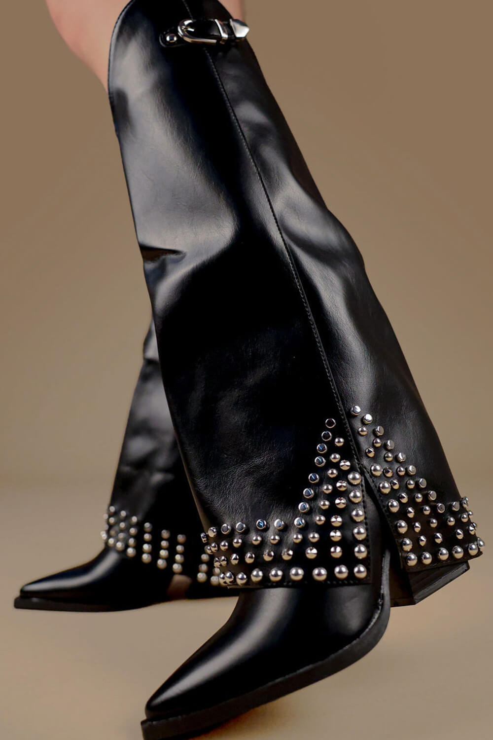 Faux Leather Studded Embellishment Fold Over Cowboy Western Boots - Black