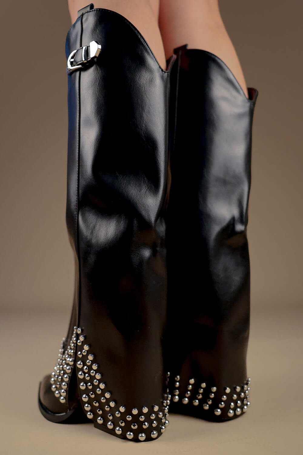Faux Leather Studded Embellishment Fold Over Cowboy Western Boots - Black