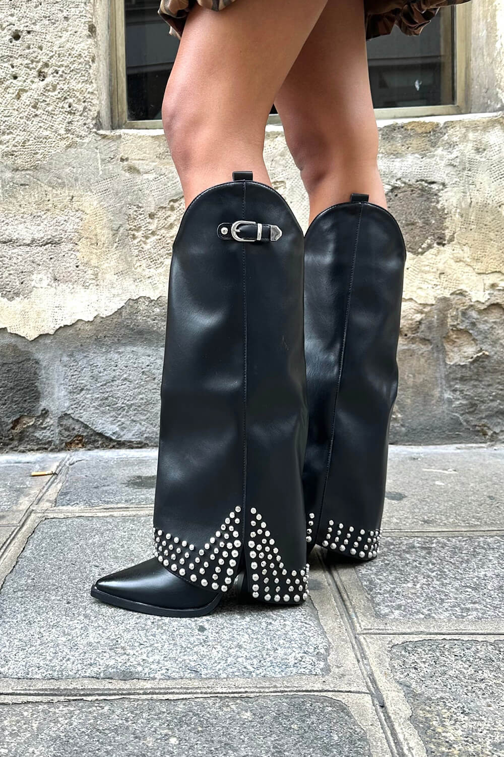 Faux Leather Studded Embellishment Fold Over Cowboy Western Boots - Black