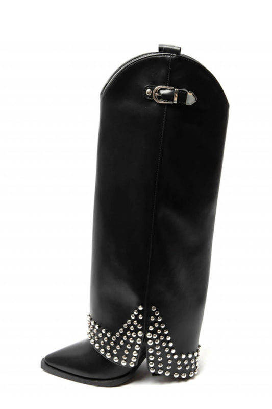 Faux Leather Studded Embellishment Fold Over Cowboy Western Boots - Black
