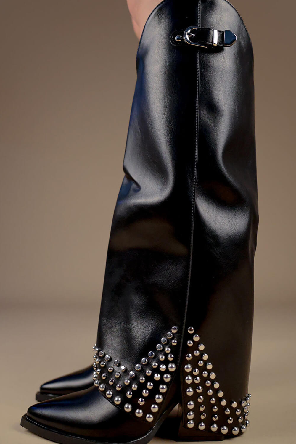 Faux Leather Studded Embellishment Fold Over Cowboy Western Boots - Black
