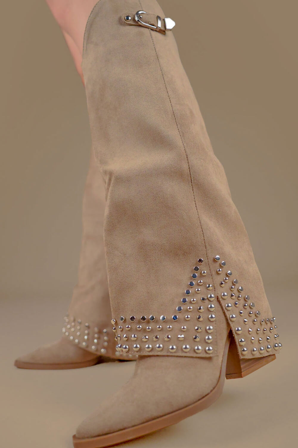 Faux Suede Studded Embellishment Fold Over Cowboy Western Boots - Beige