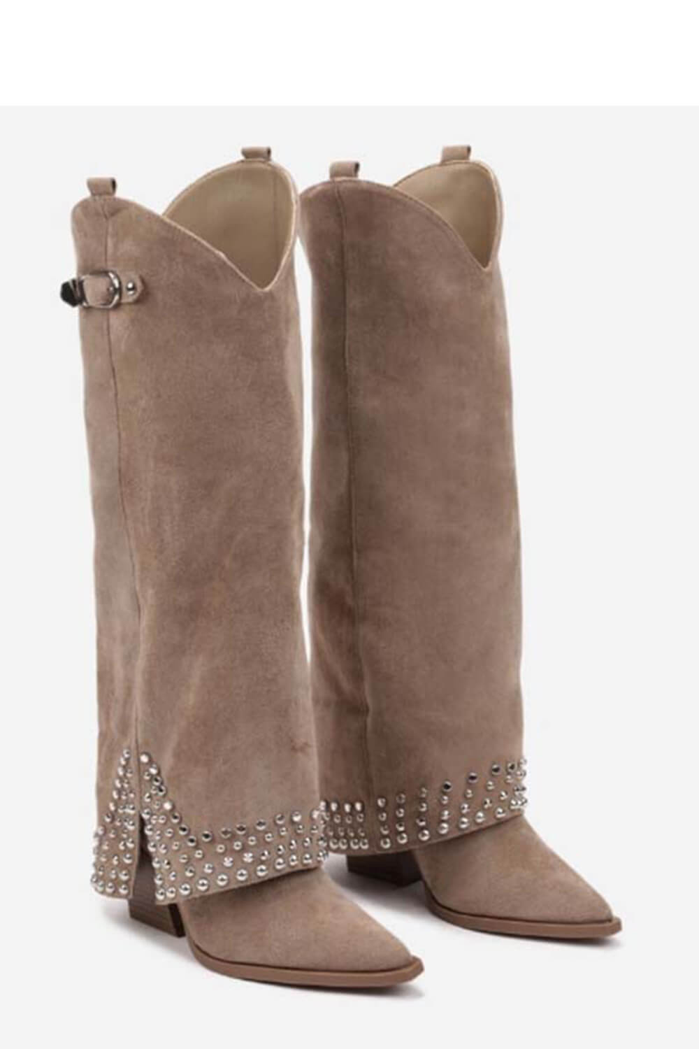 Faux Suede Studded Embellishment Fold Over Cowboy Western Boots - Beige