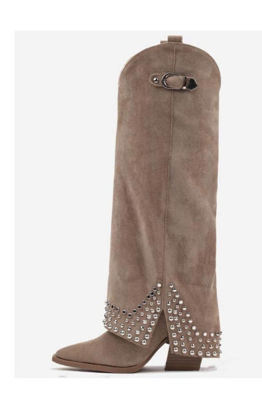 Faux Suede Studded Embellishment Fold Over Cowboy Western Boots - Beige