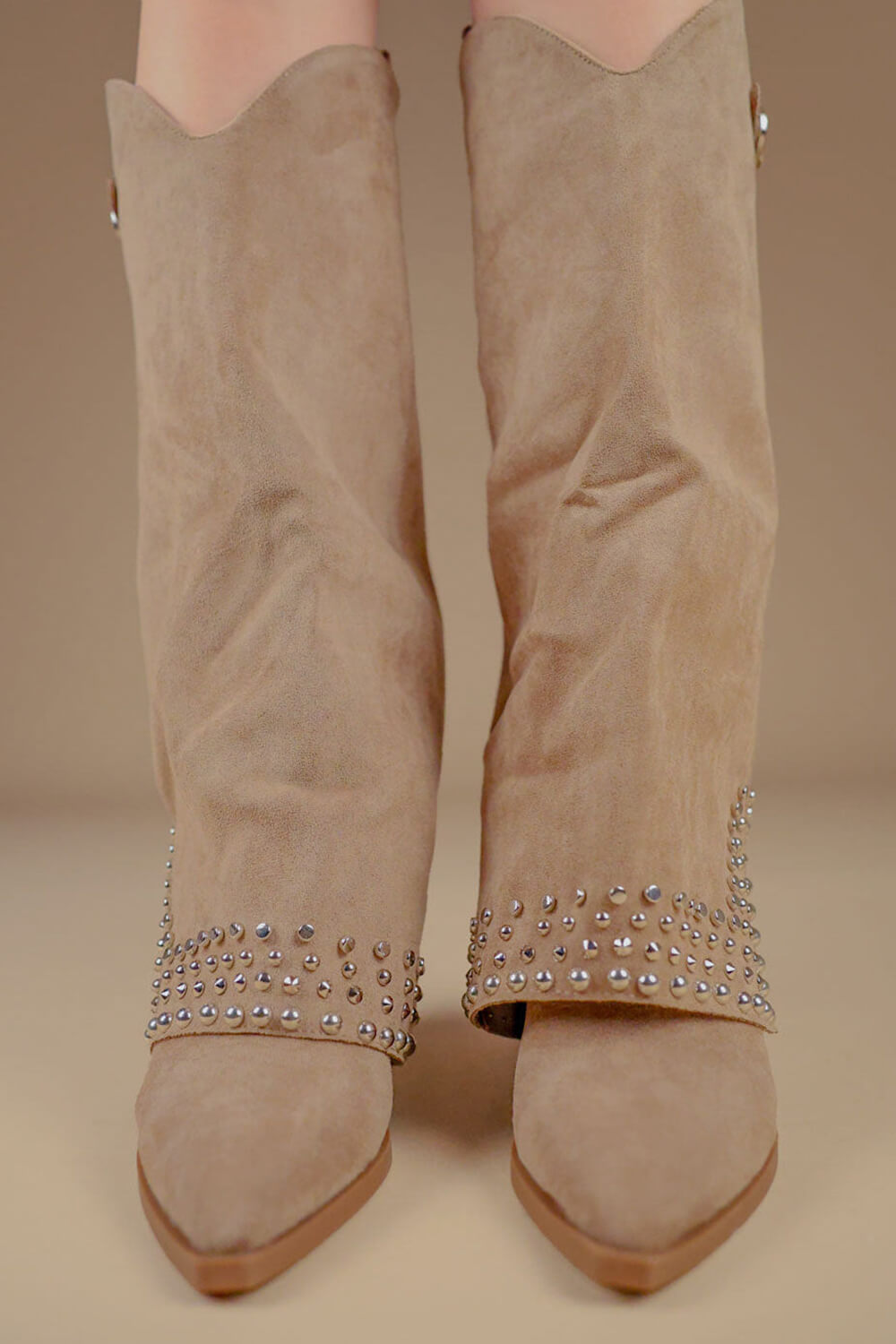 Faux Suede Studded Embellishment Fold Over Cowboy Western Boots - Beige