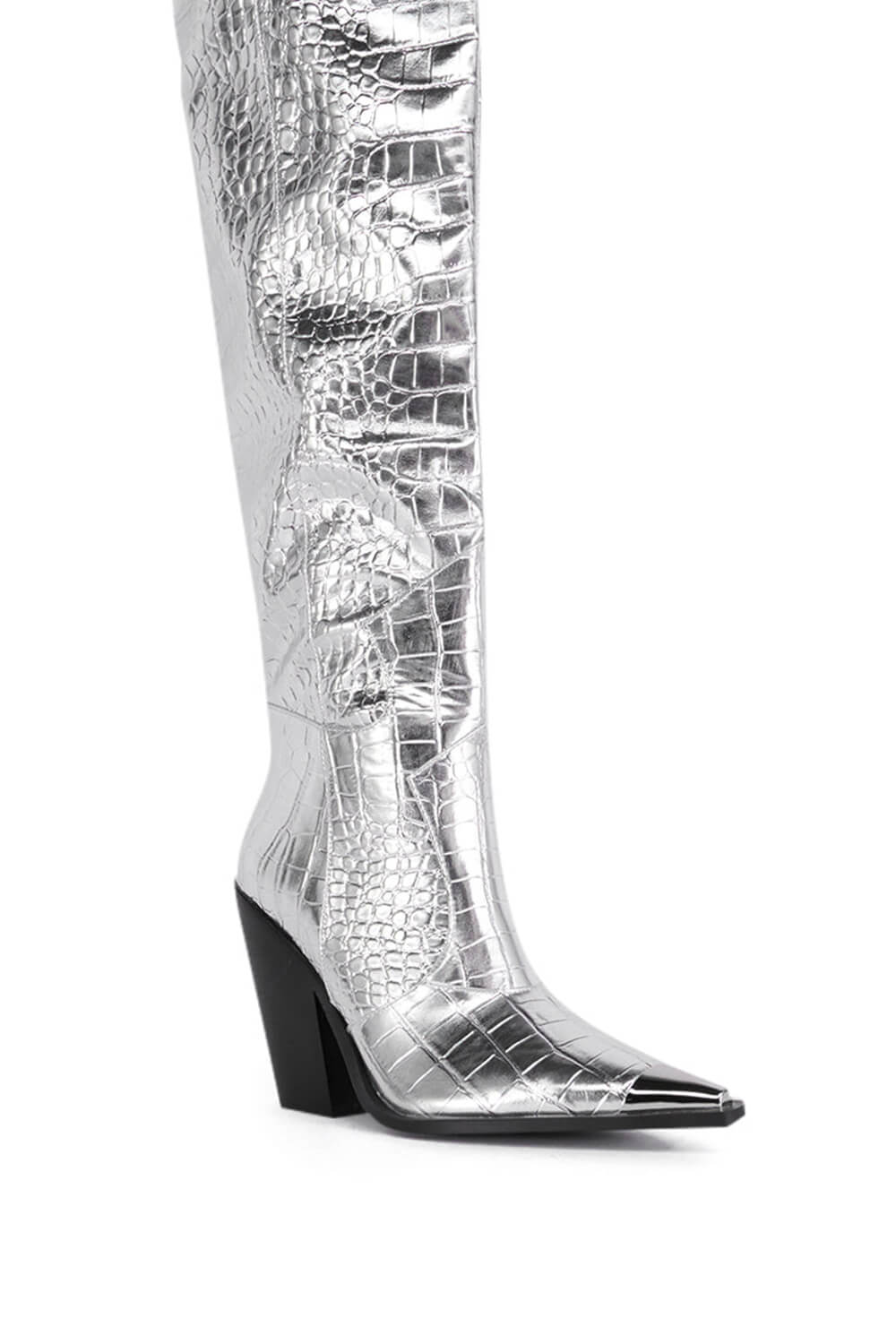 Metallic Silve Croc Western Knee High Block Heeled Boots