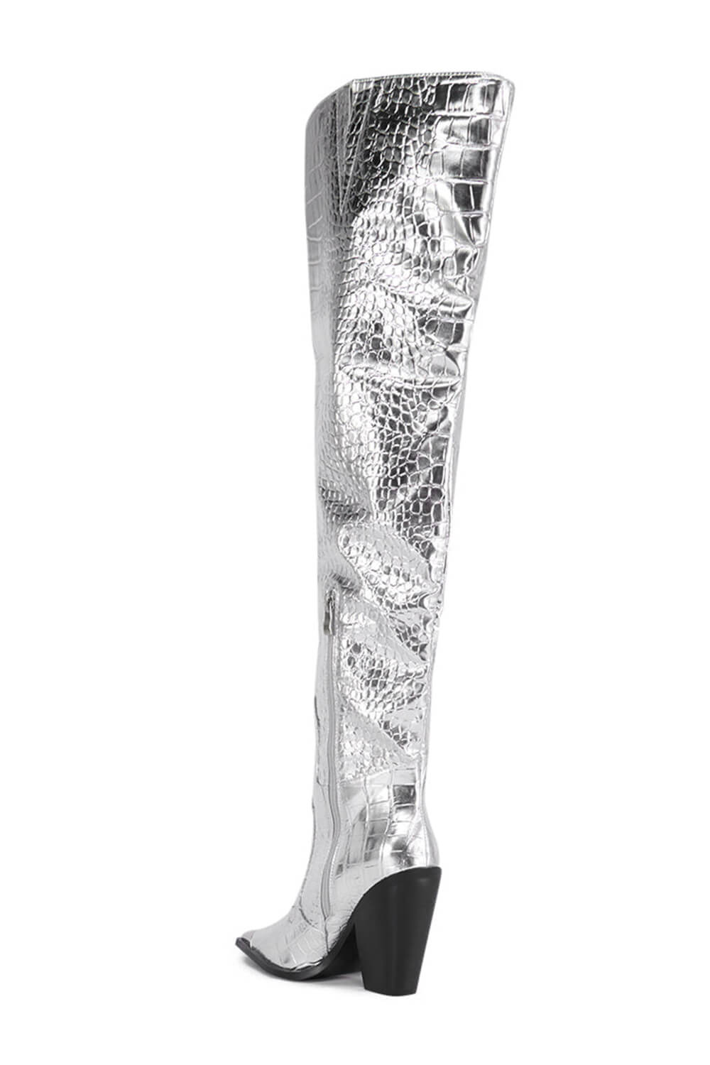 Metallic Silve Croc Western Knee High Block Heeled Boots