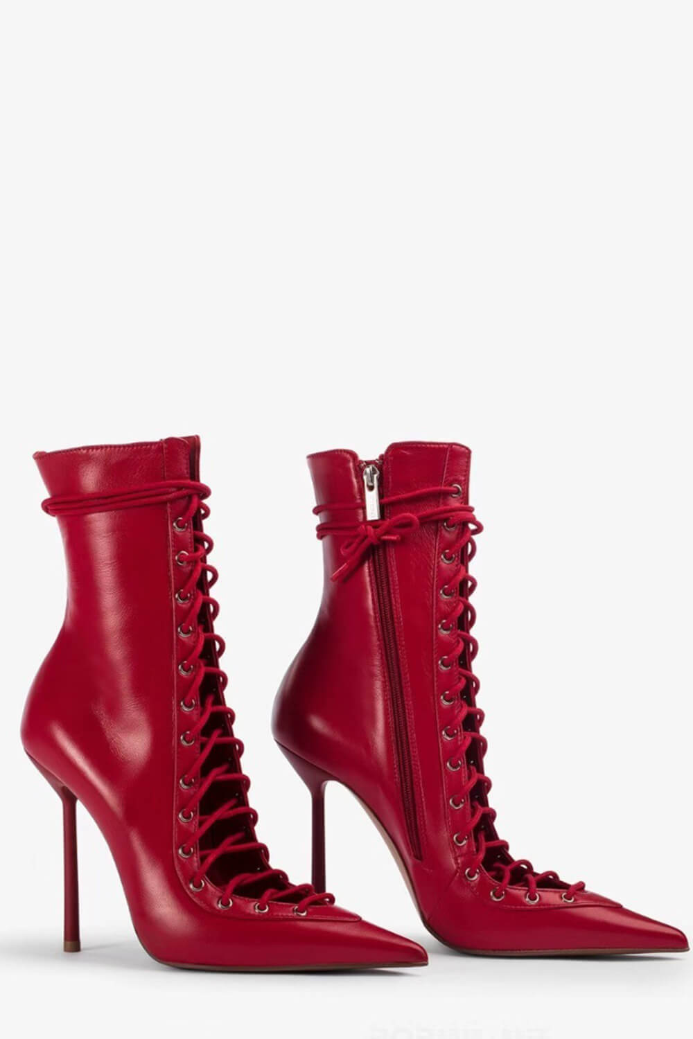 Laced-Up Tapered Pointed Toe Ankle High Stiletto Boots - Red