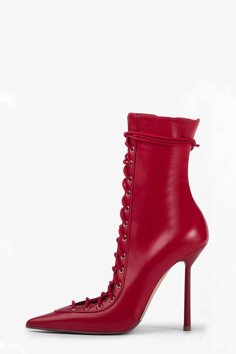 Laced-Up Tapered Pointed Toe Ankle High Stiletto Boots - Red
