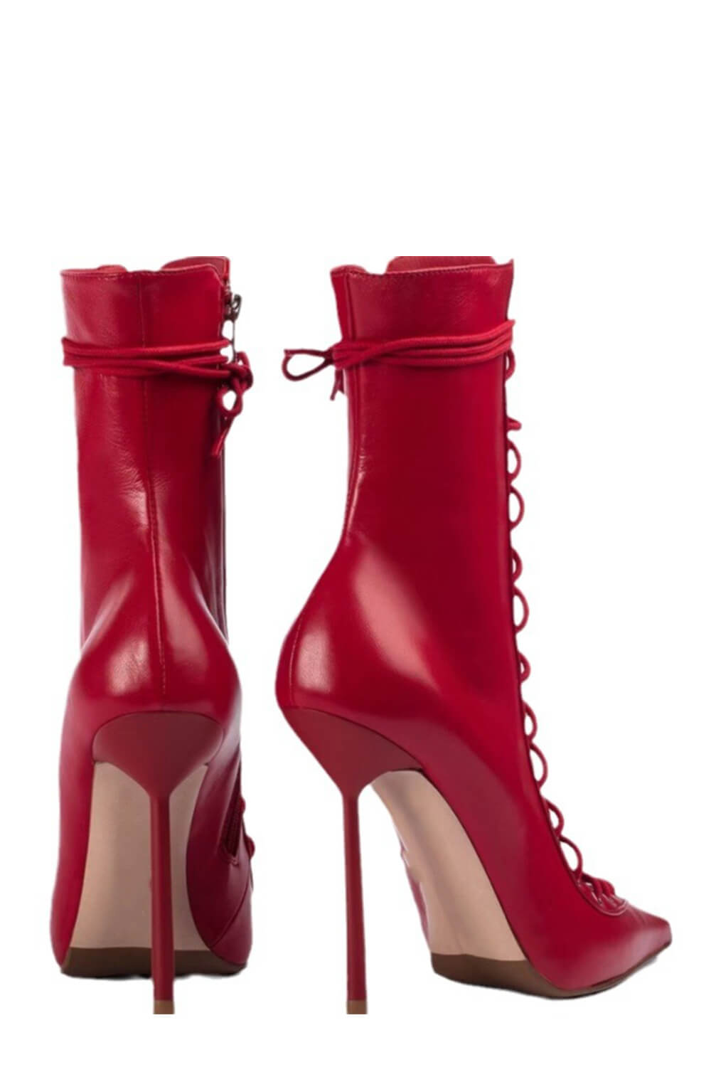 Laced-Up Tapered Pointed Toe Ankle High Stiletto Boots - Red