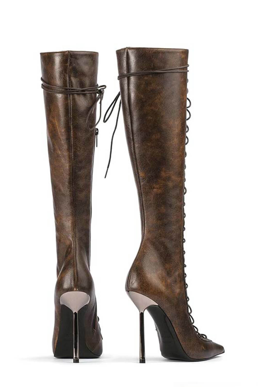 Laced-Up Tapered Pointed Toe Knee High Stiletto Boots - Brown
