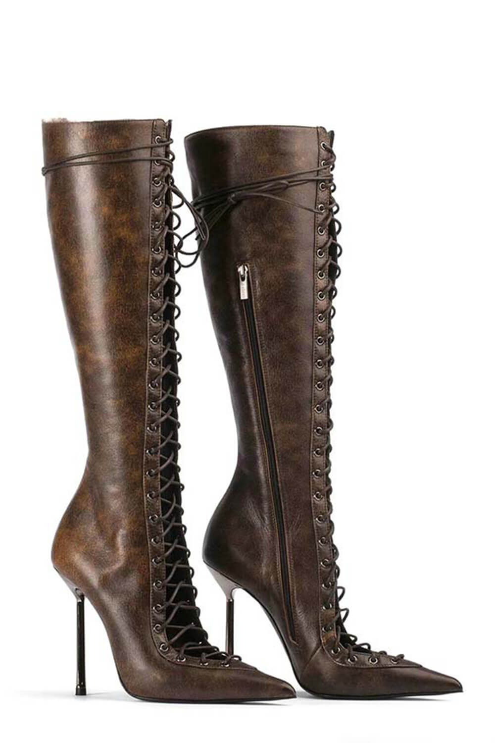 Laced-Up Tapered Pointed Toe Knee High Stiletto Boots - Brown