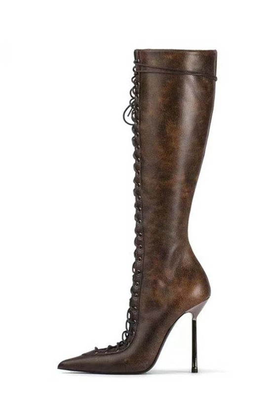 Laced-Up Tapered Pointed Toe Knee High Stiletto Boots - Brown