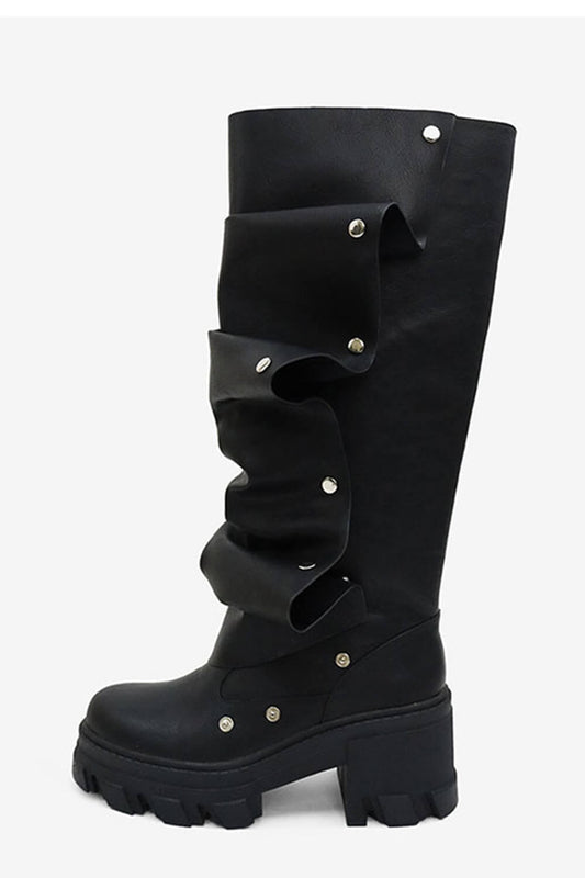 Ruffled Popper Detail Mid-Calf Platform Combat Boots - Black