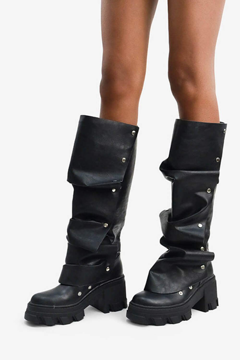Ruffled Popper Detail Mid-Calf Platform Combat Boots - Black