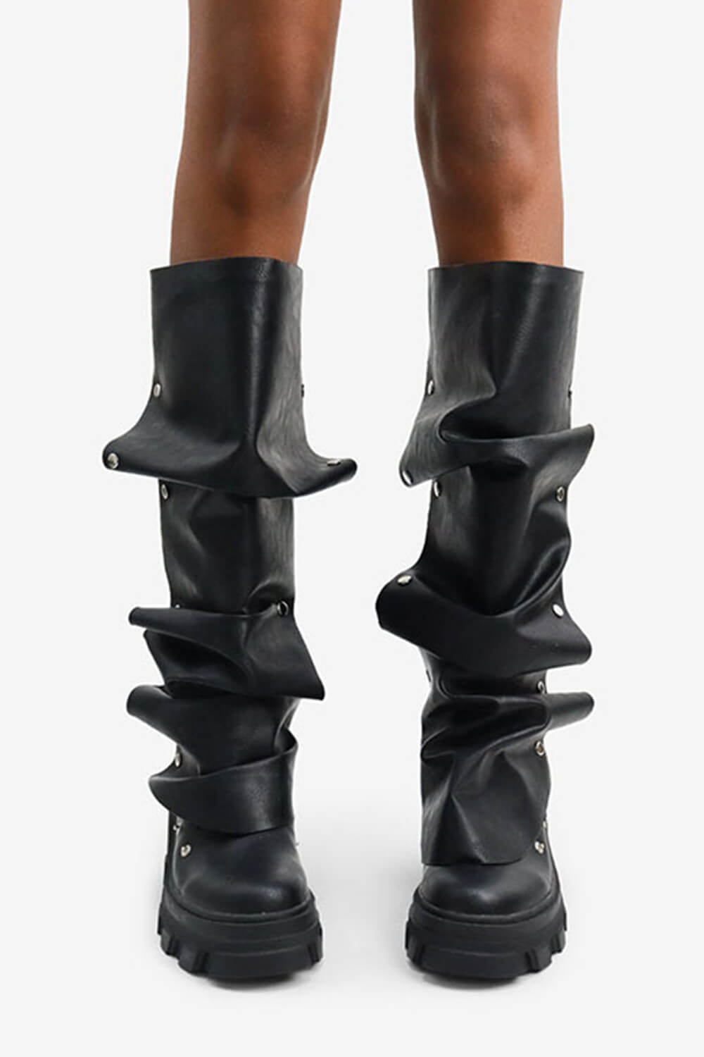 Ruffled Popper Detail Mid-Calf Platform Combat Boots - Black