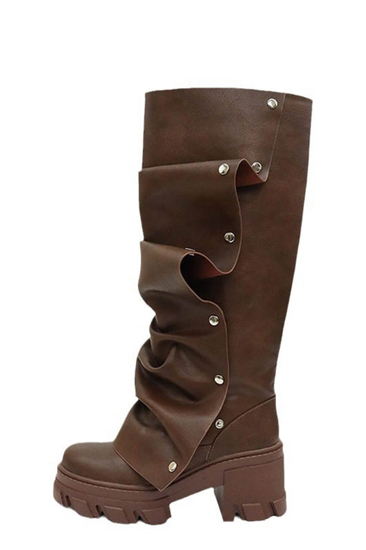Ruffled Popper Detail Mid-Calf Platform Combat Boots - Brown