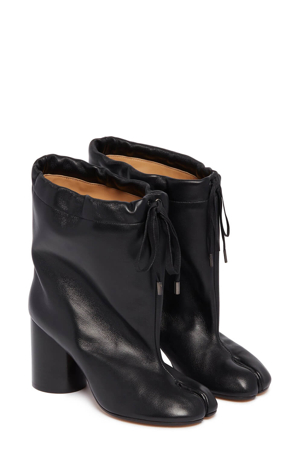Drawstring Tabi Block Heel Ankle Boots - Black