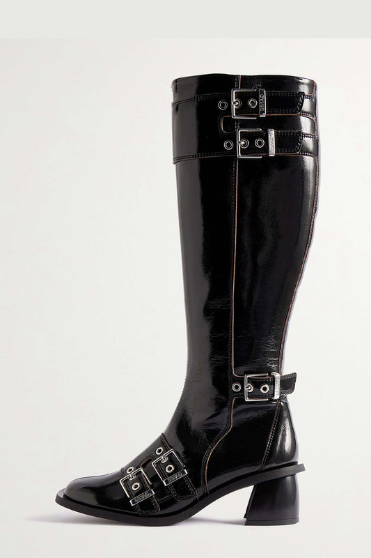 Faux Patent-Leather Multiple Buckles Square Toe Knee High Boots - Black