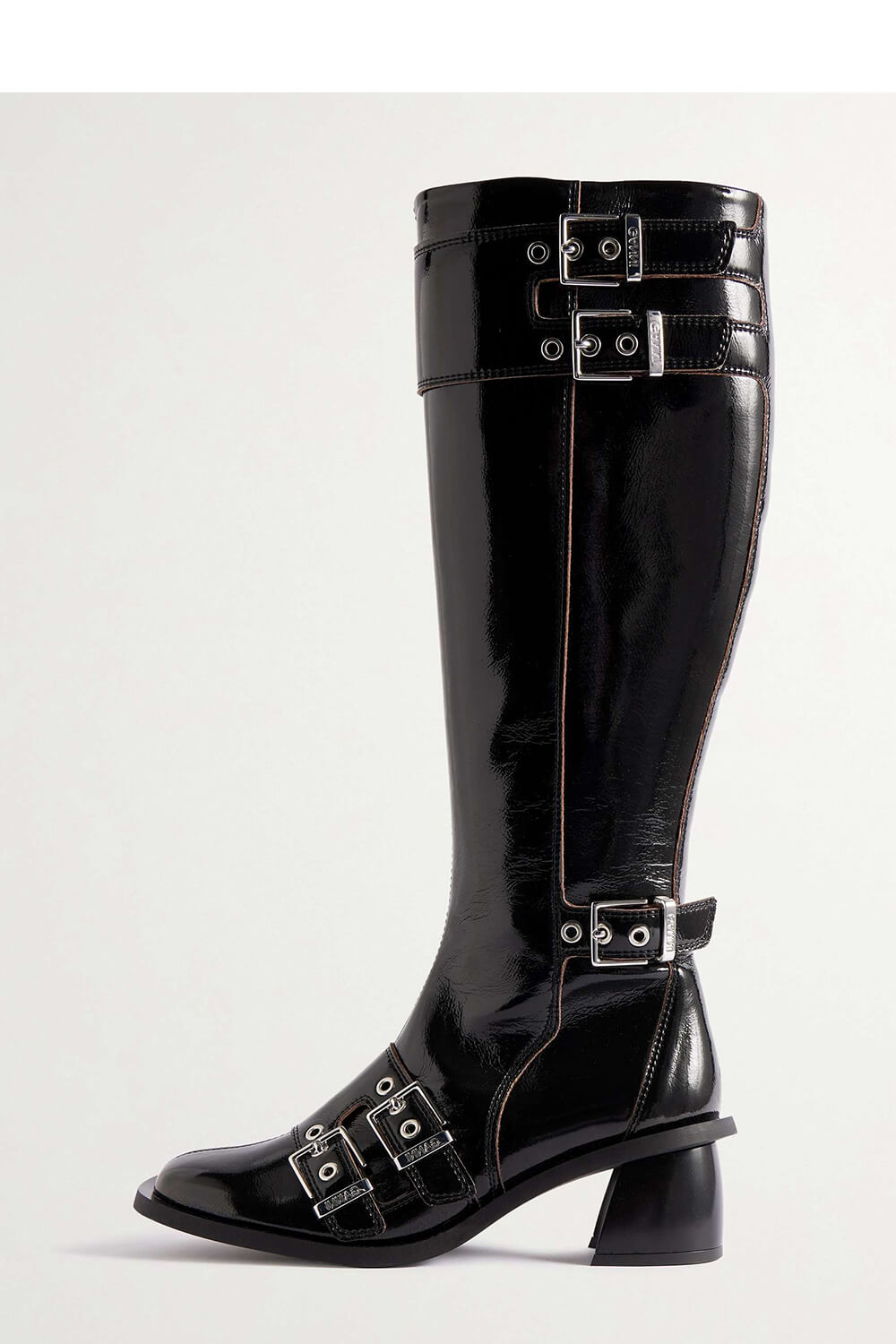 Faux Patent-Leather Multiple Buckles Square Toe Knee High Boots - Black