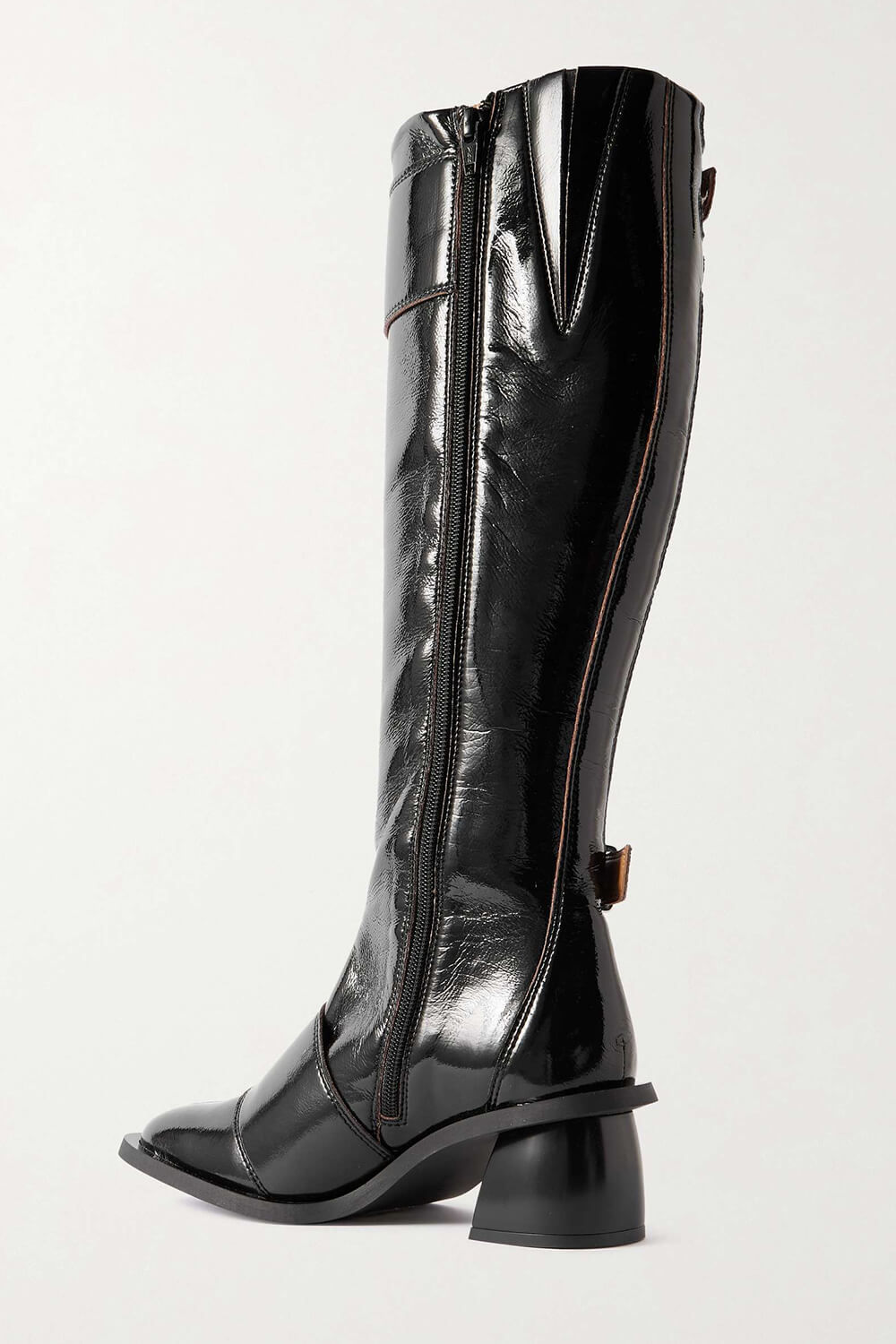 Faux Patent-Leather Multiple Buckles Square Toe Knee High Boots - Black