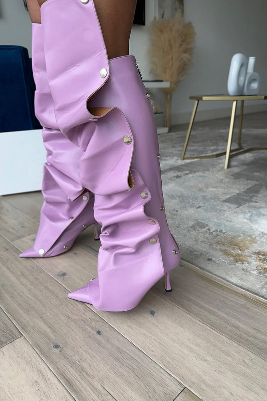 Ruffled Popper Detail Knee High Stiletto Boots