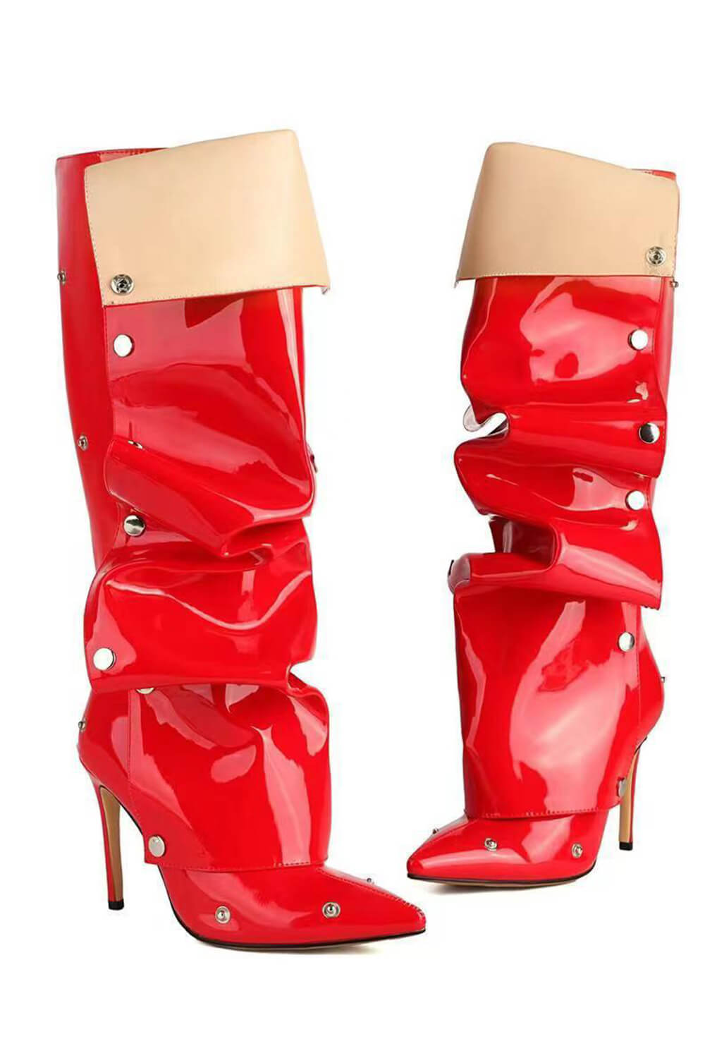 Metallic Ruffled Popper Detail Knee High Stiletto Boots