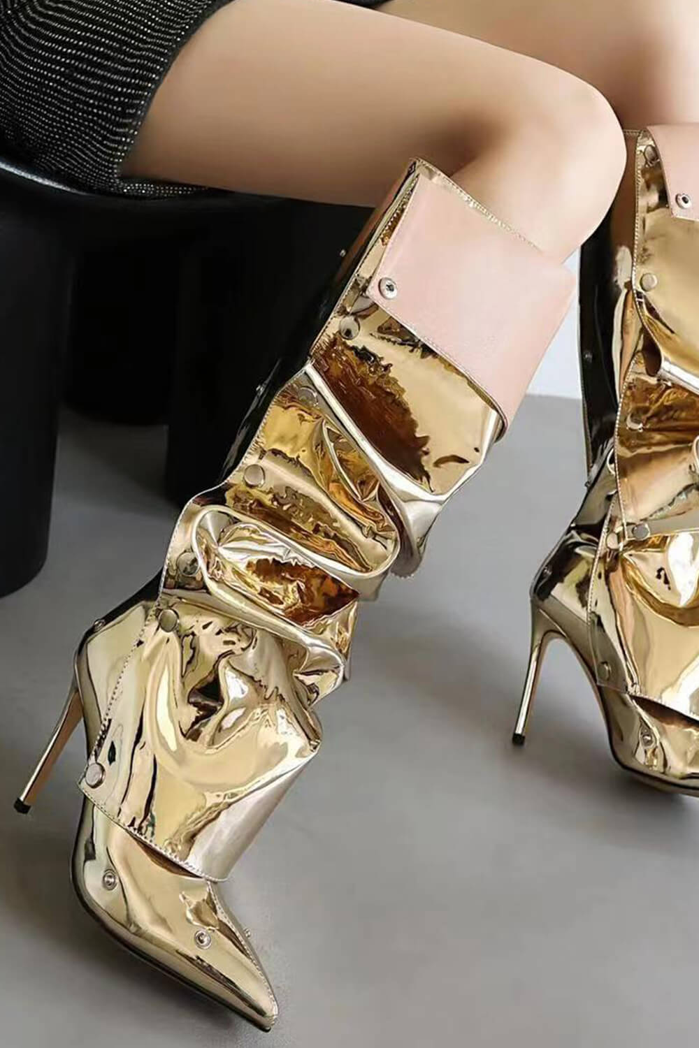 Metallic Ruffled Popper Detail Knee High Stiletto Boots