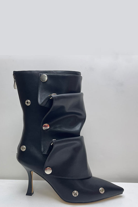 Patent Ruffled Popper Detail Knee High Stiletto Boots
