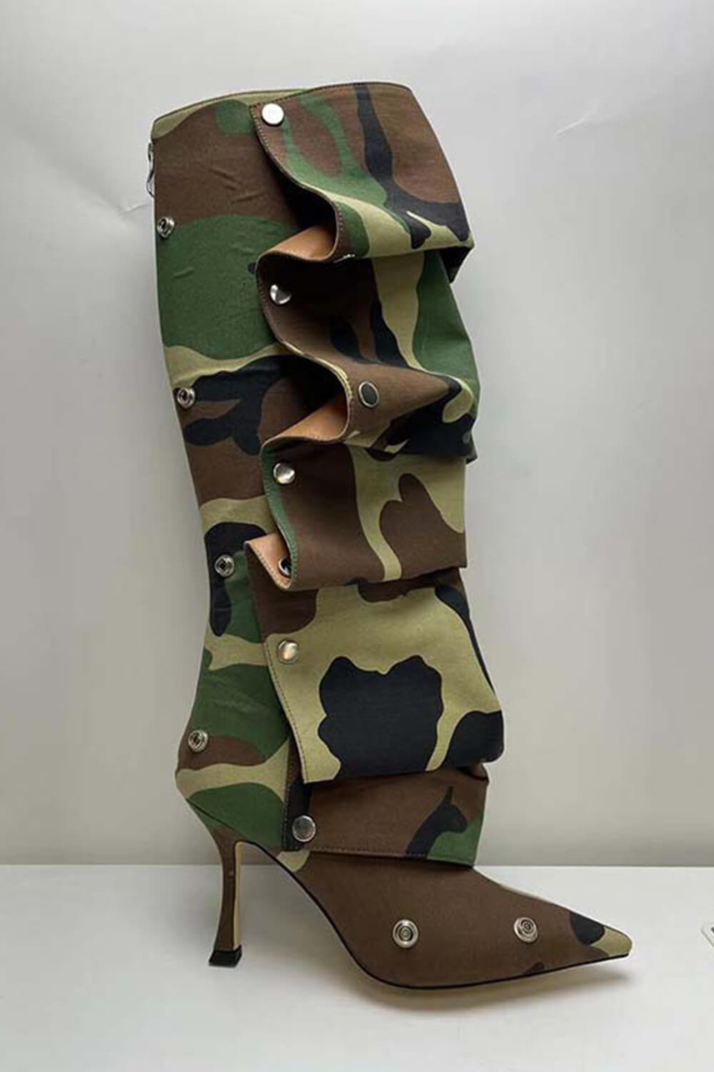 Camo Ruffled Popper Detail Knee High Stiletto Boots