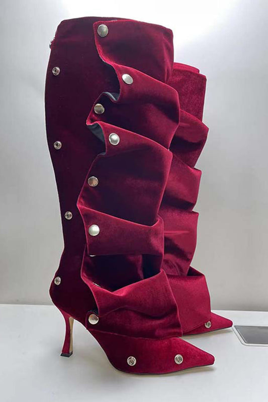 Velvet Ruffled Popper Detail Knee High Stiletto Boots