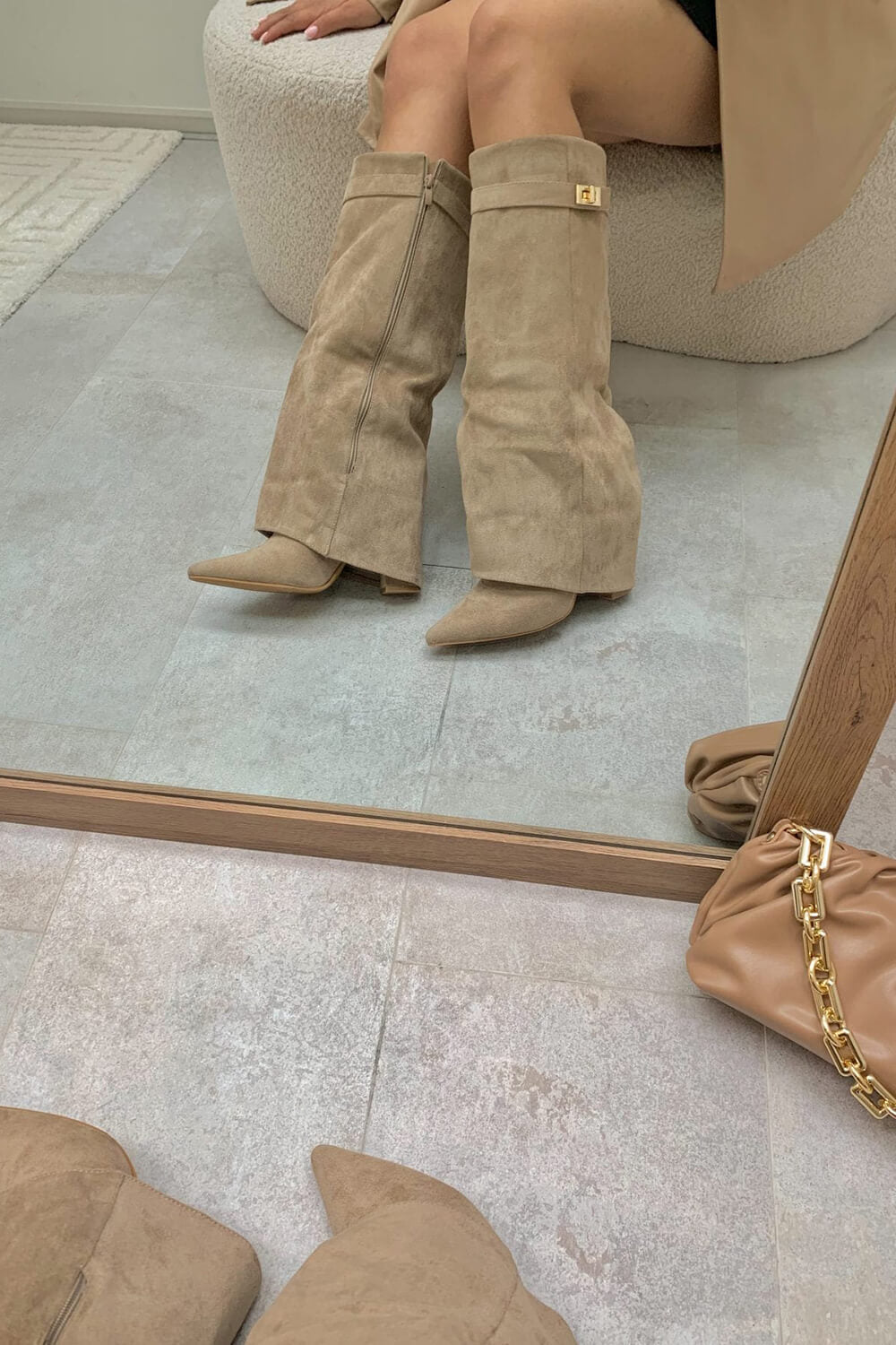 Faux Suede Fold Over Metal Lock Detail Knee High Boots