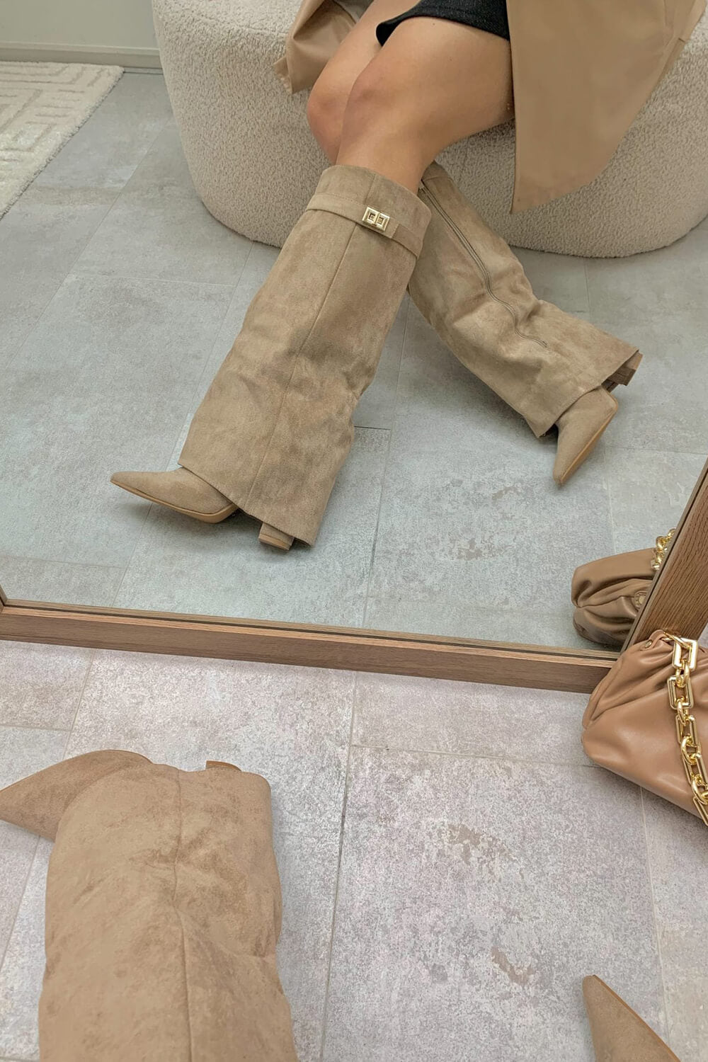 Faux Suede Fold Over Metal Lock Detail Knee High Boots