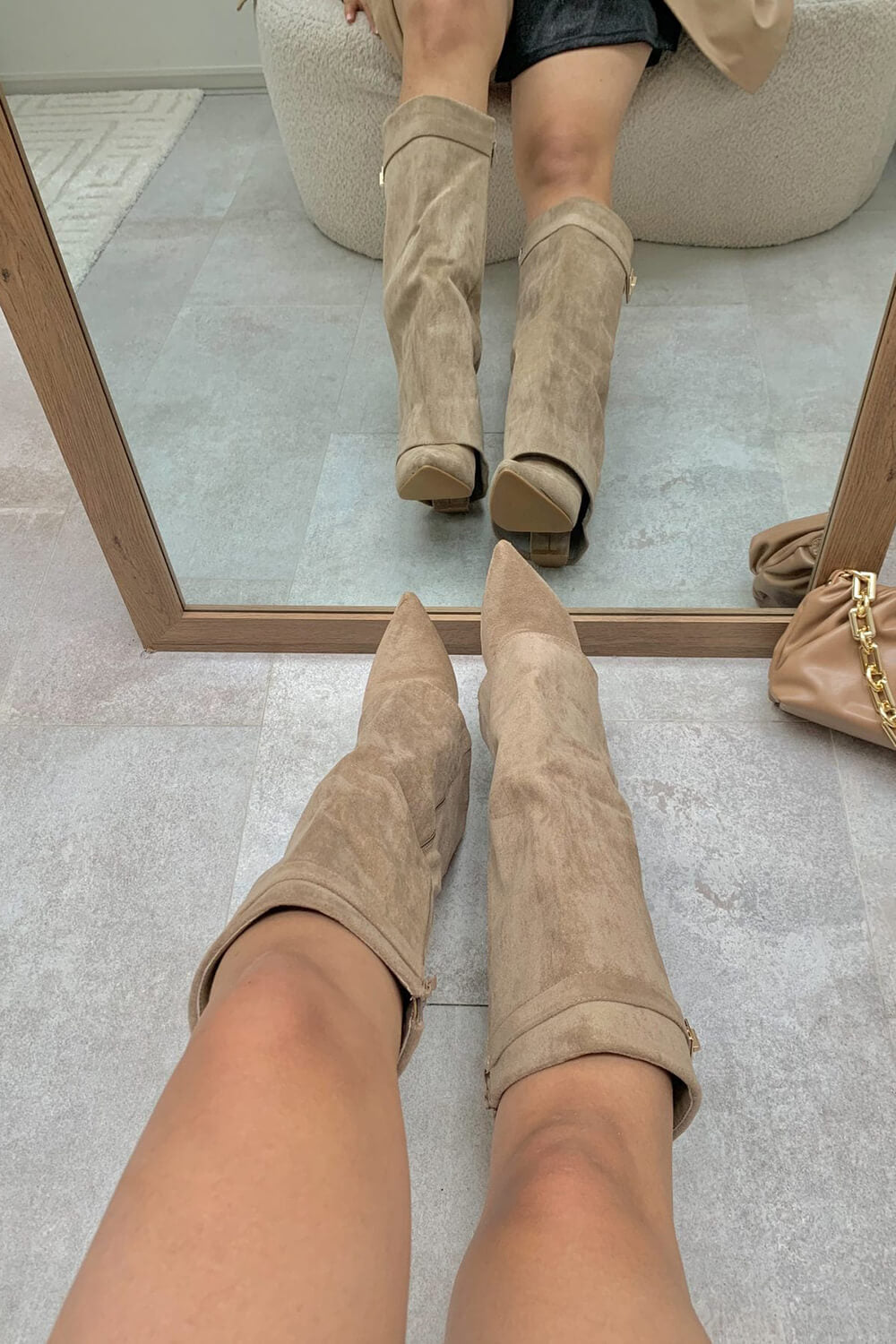 Faux Suede Fold Over Metal Lock Detail Knee High Boots