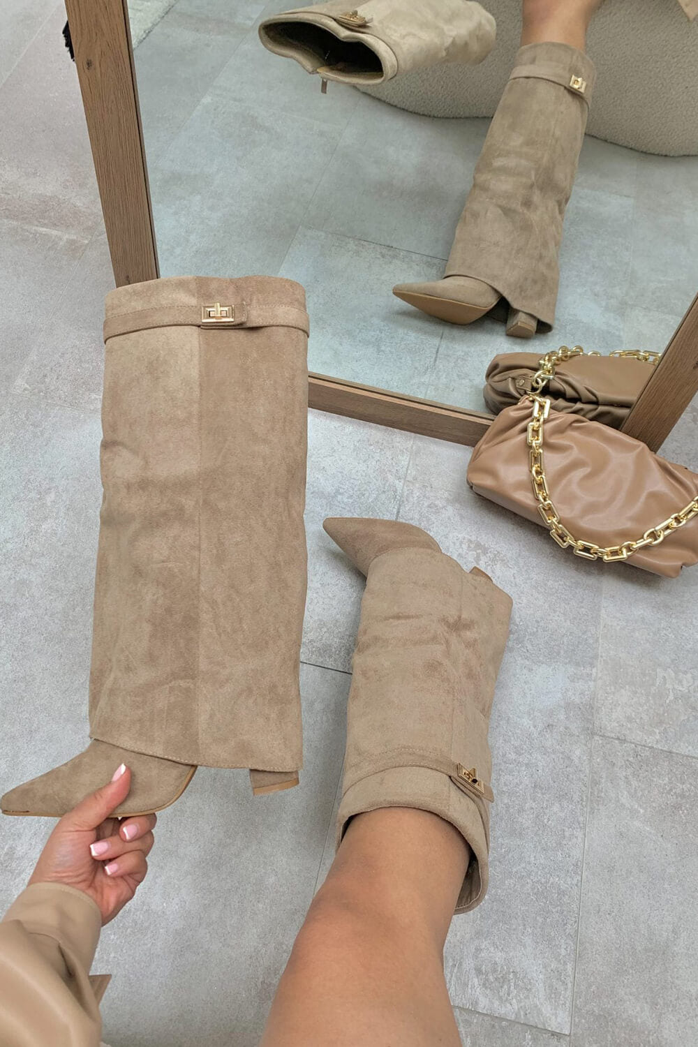 Faux Suede Fold Over Metal Lock Detail Knee High Boots