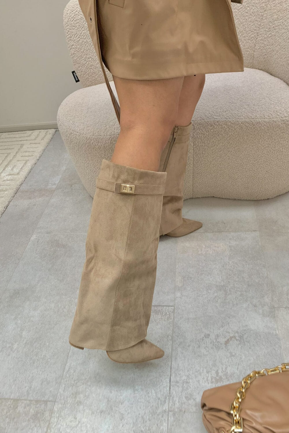 Faux Suede Fold Over Metal Lock Detail Knee High Boots