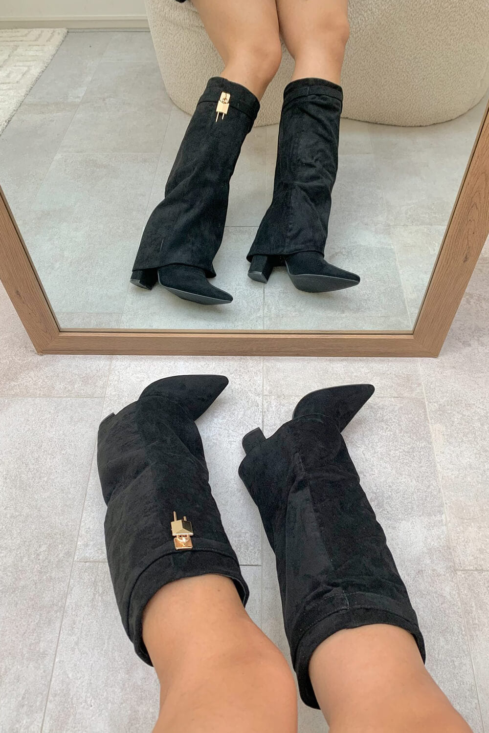 Faux Suede Fold Over Metal Lock Detail Knee High Boots
