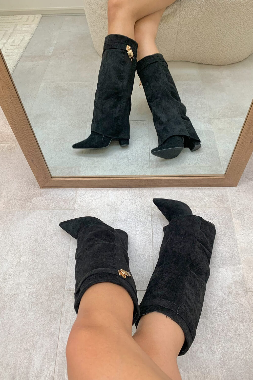 Faux Suede Fold Over Metal Lock Detail Knee High Boots