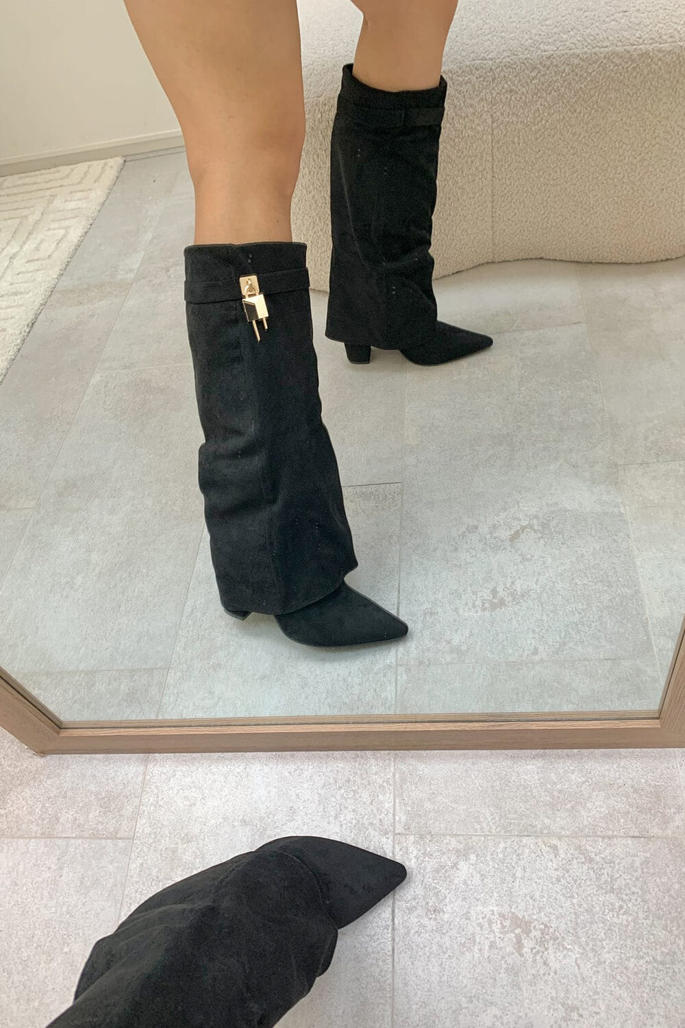 Faux Suede Fold Over Metal Lock Detail Knee High Boots