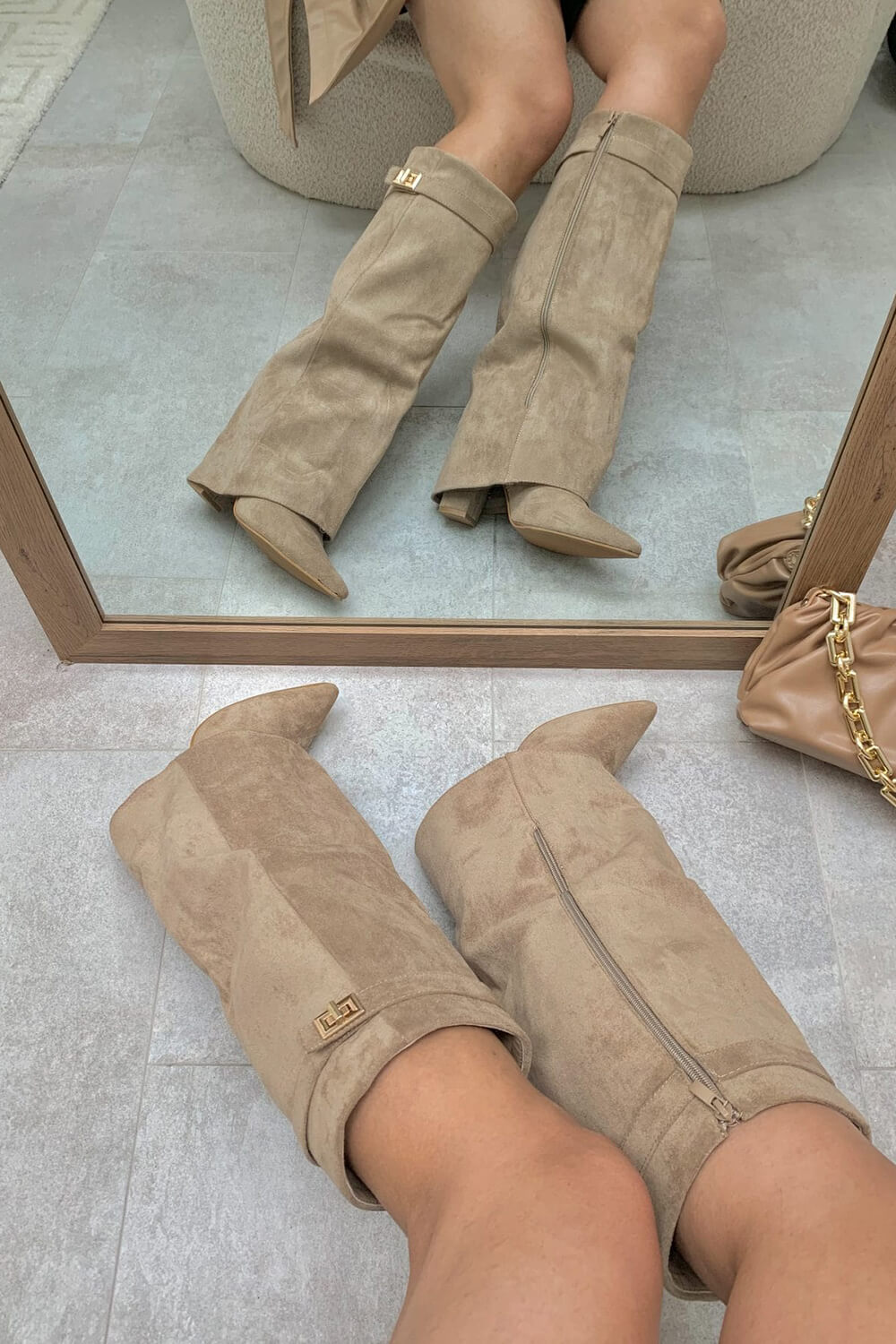 Faux Suede Fold Over Metal Lock Detail Knee High Boots