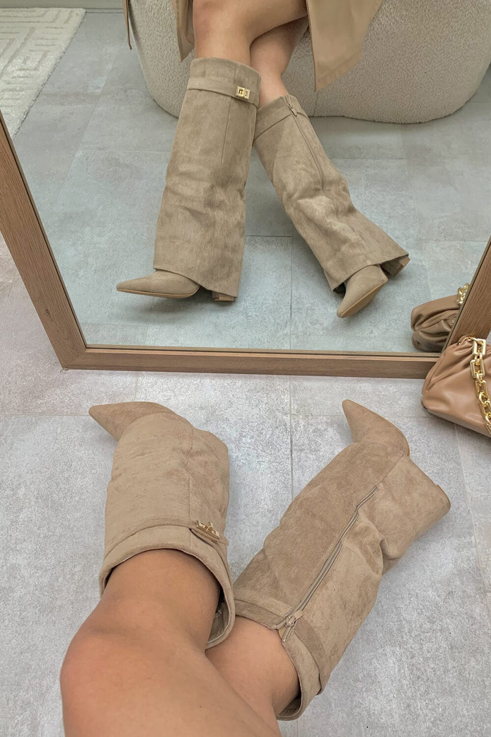 Faux Suede Fold Over Metal Lock Detail Knee High Boots