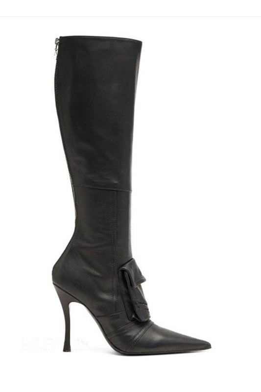 Pocket Faux Leather Pointed-Toe Stiletto Heeled Boots