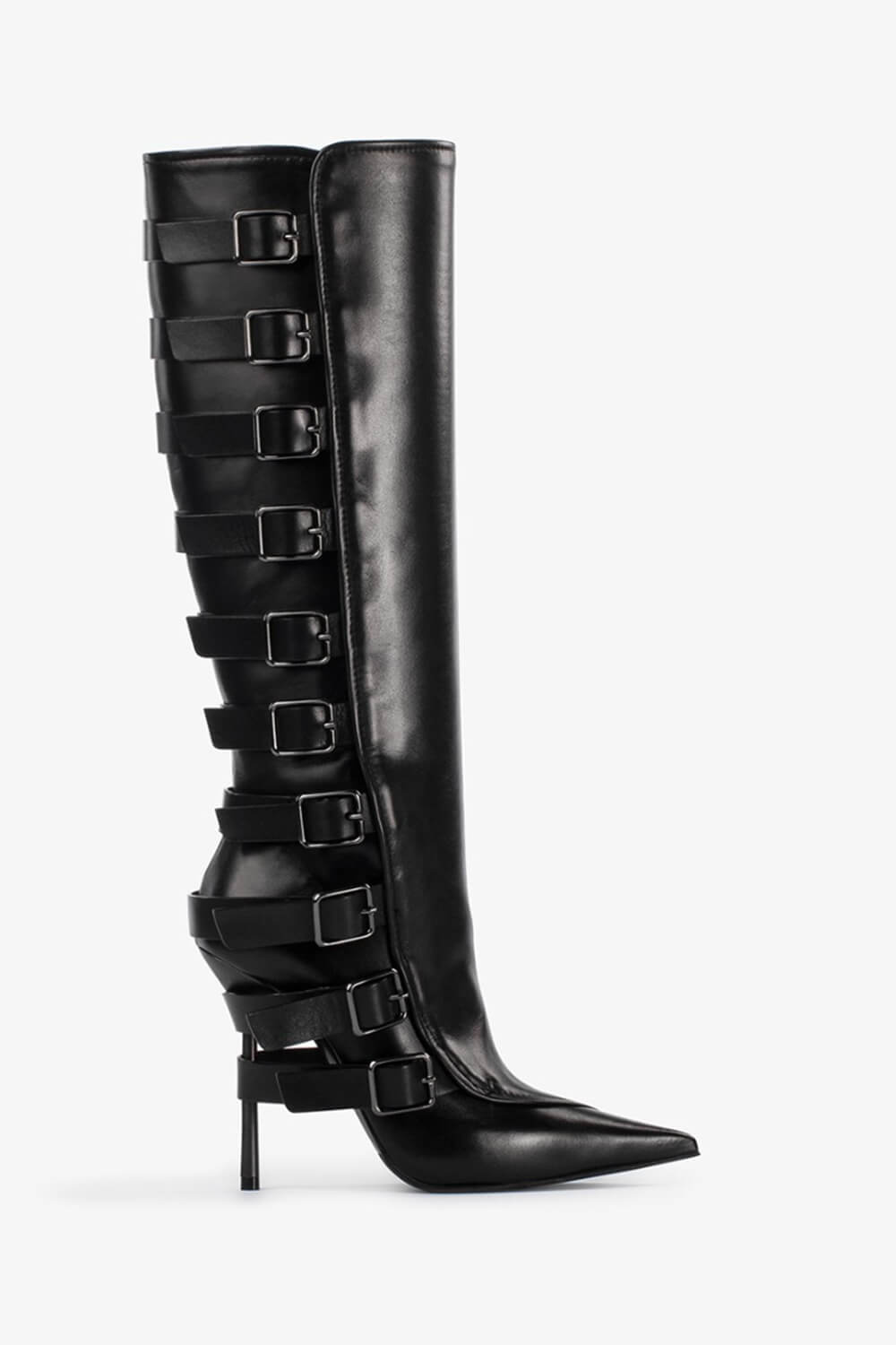 Buckle Strap Detail Knee-High Pointed Toe Stiletto Boots