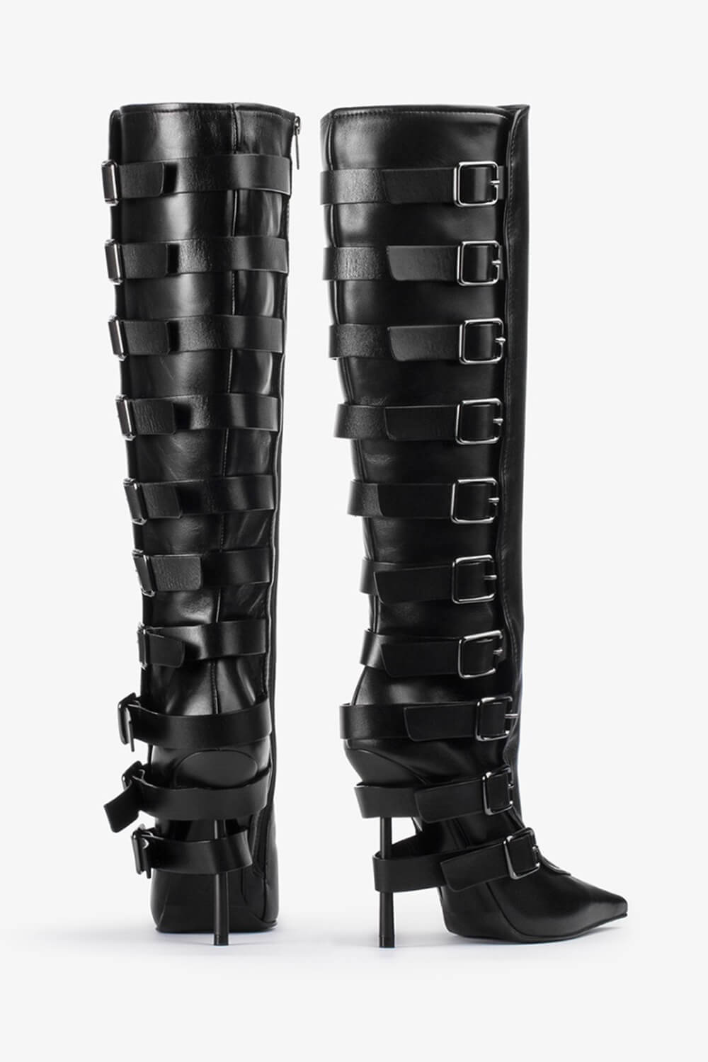 Buckle Strap Detail Knee-High Pointed Toe Stiletto Boots