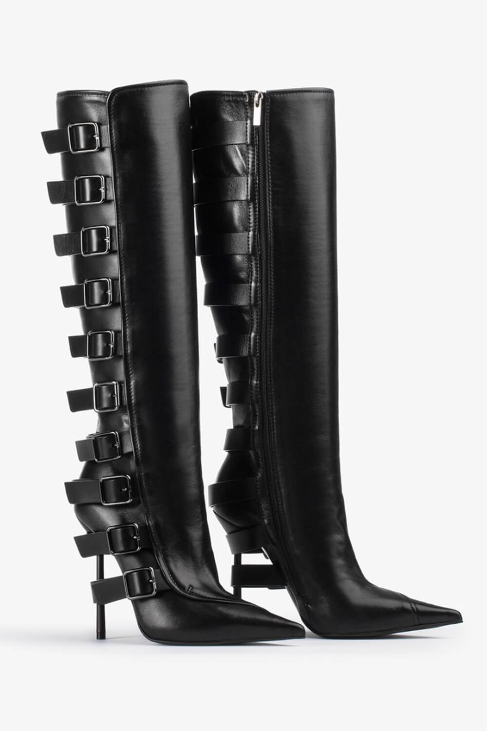 Buckle Strap Detail Knee-High Pointed Toe Stiletto Boots