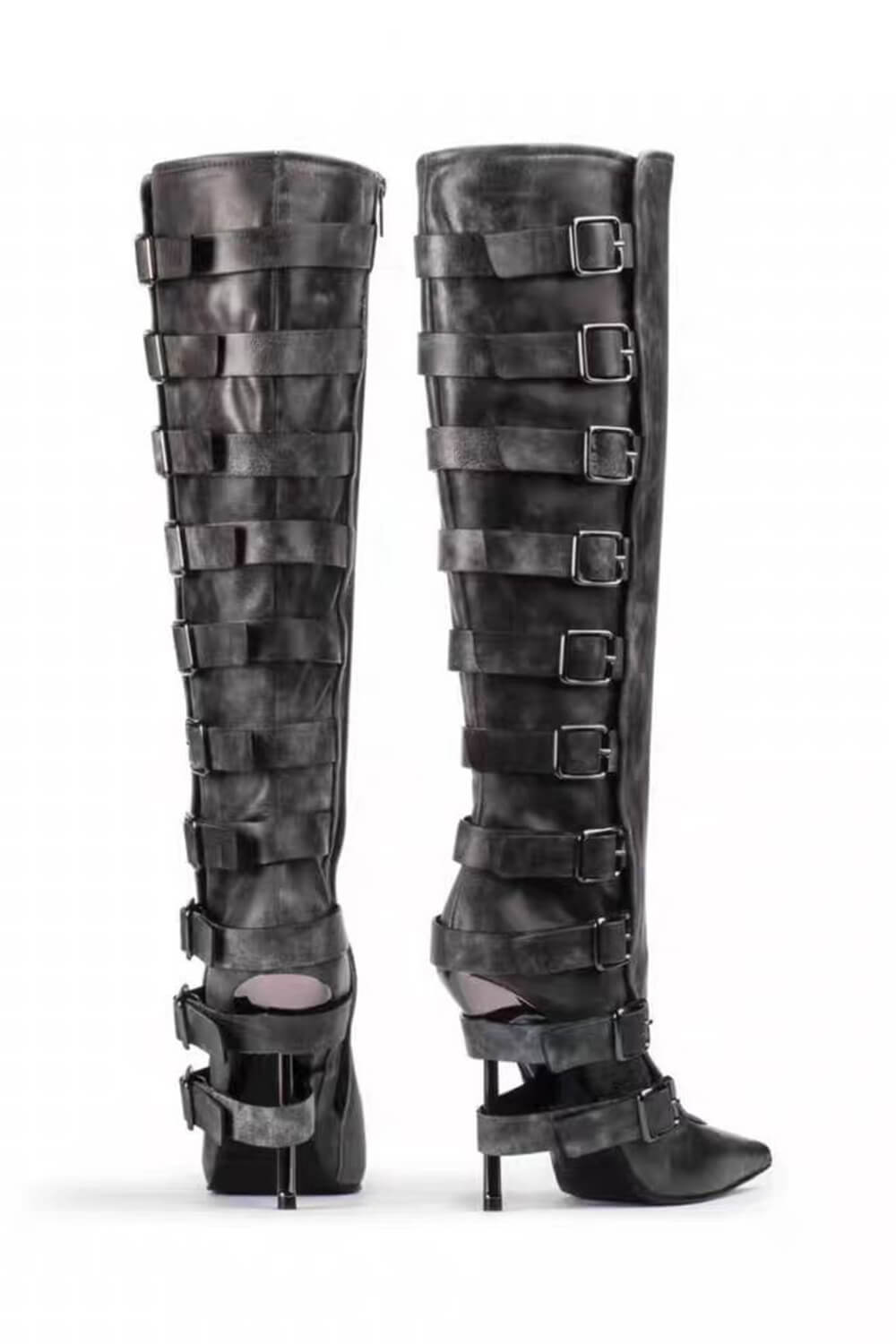 Buckle Strap Detail Knee-High Pointed Toe Stiletto Boots