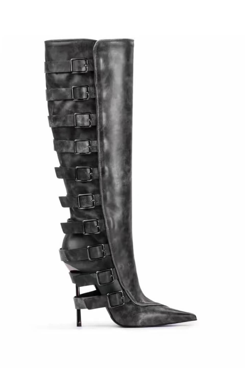 Buckle Strap Detail Knee-High Pointed Toe Stiletto Boots