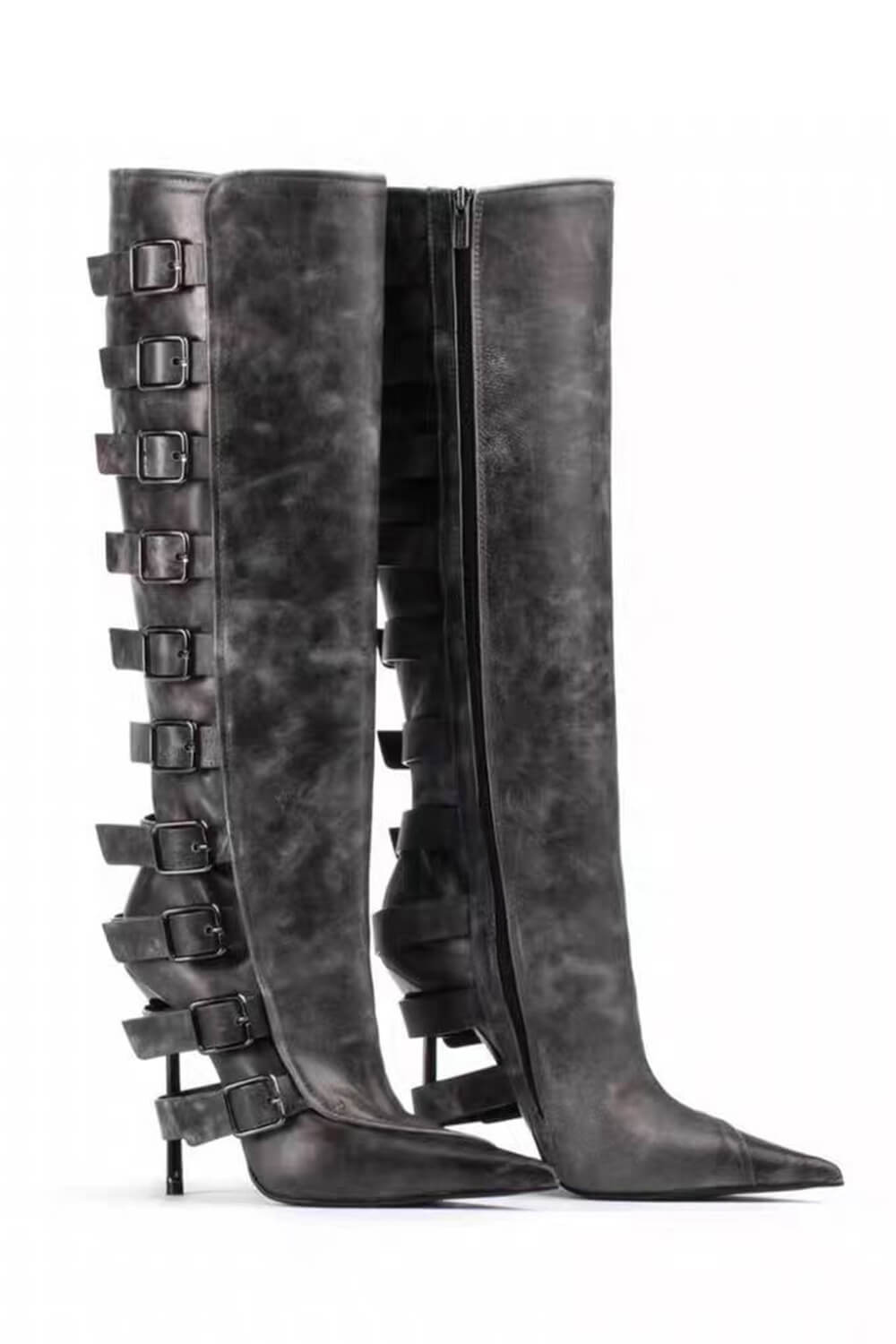 Buckle Strap Detail Knee-High Pointed Toe Stiletto Boots