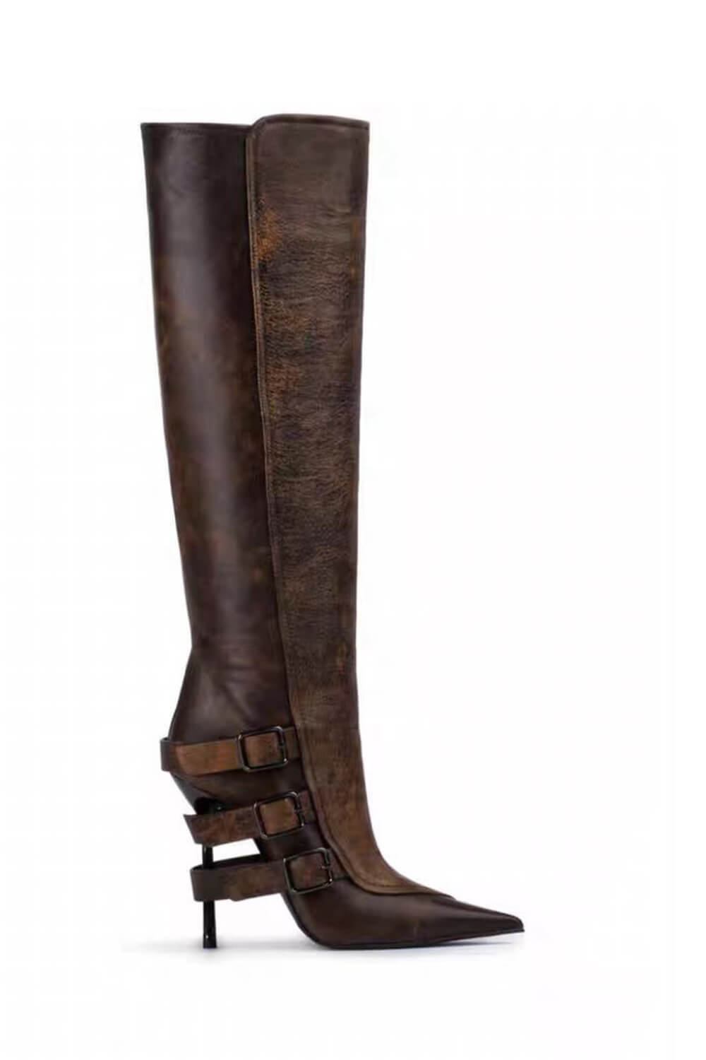 Buckle Strap Detail Knee-High Pointed Toe Stiletto Boots